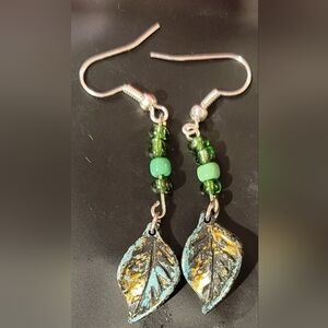 Artisan Green and Gold Leaf Earrings